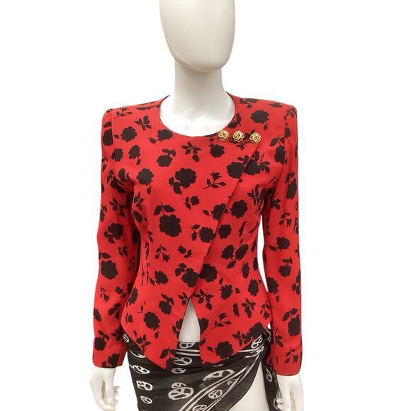 VTG Constance Saunders Blazer Women’s SZ 2 Flower Print Lined Gold Buttons Red